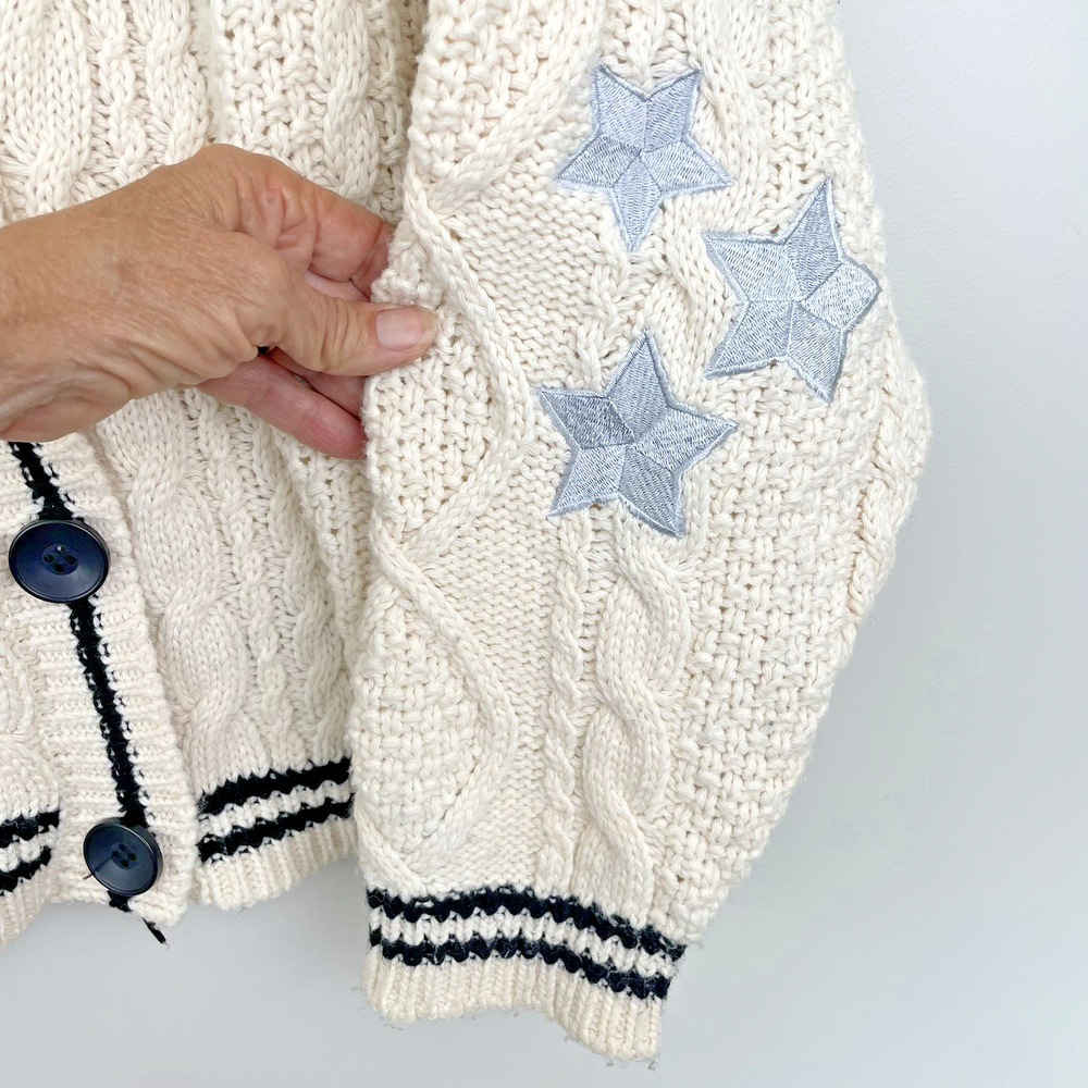 Taylor Swift Folklore Cardigan Replica Size M Ivory Cable Knit Star Patches - Picture 5 of 7